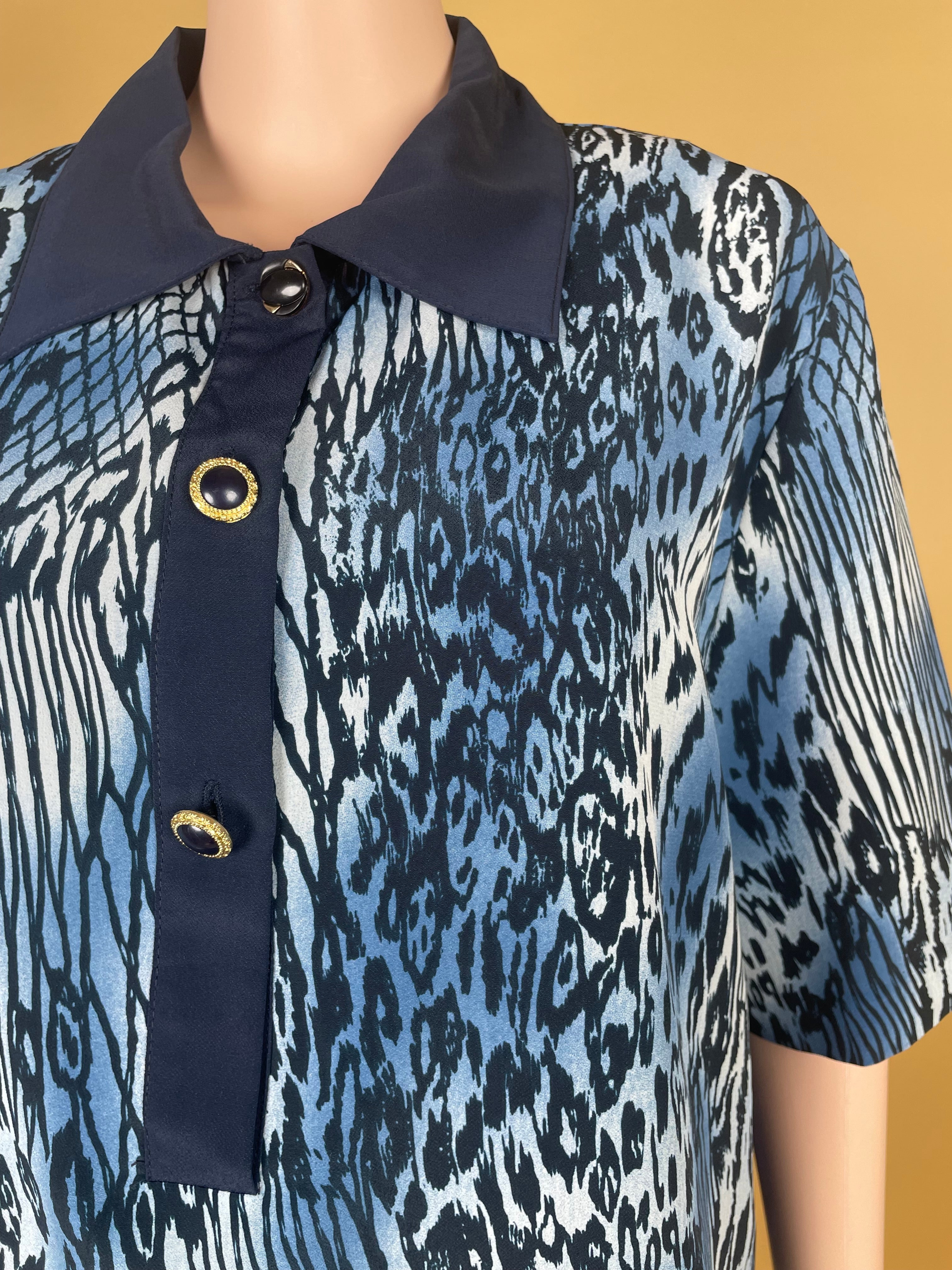 Elegant Blue Animal-Print Collared Shirt