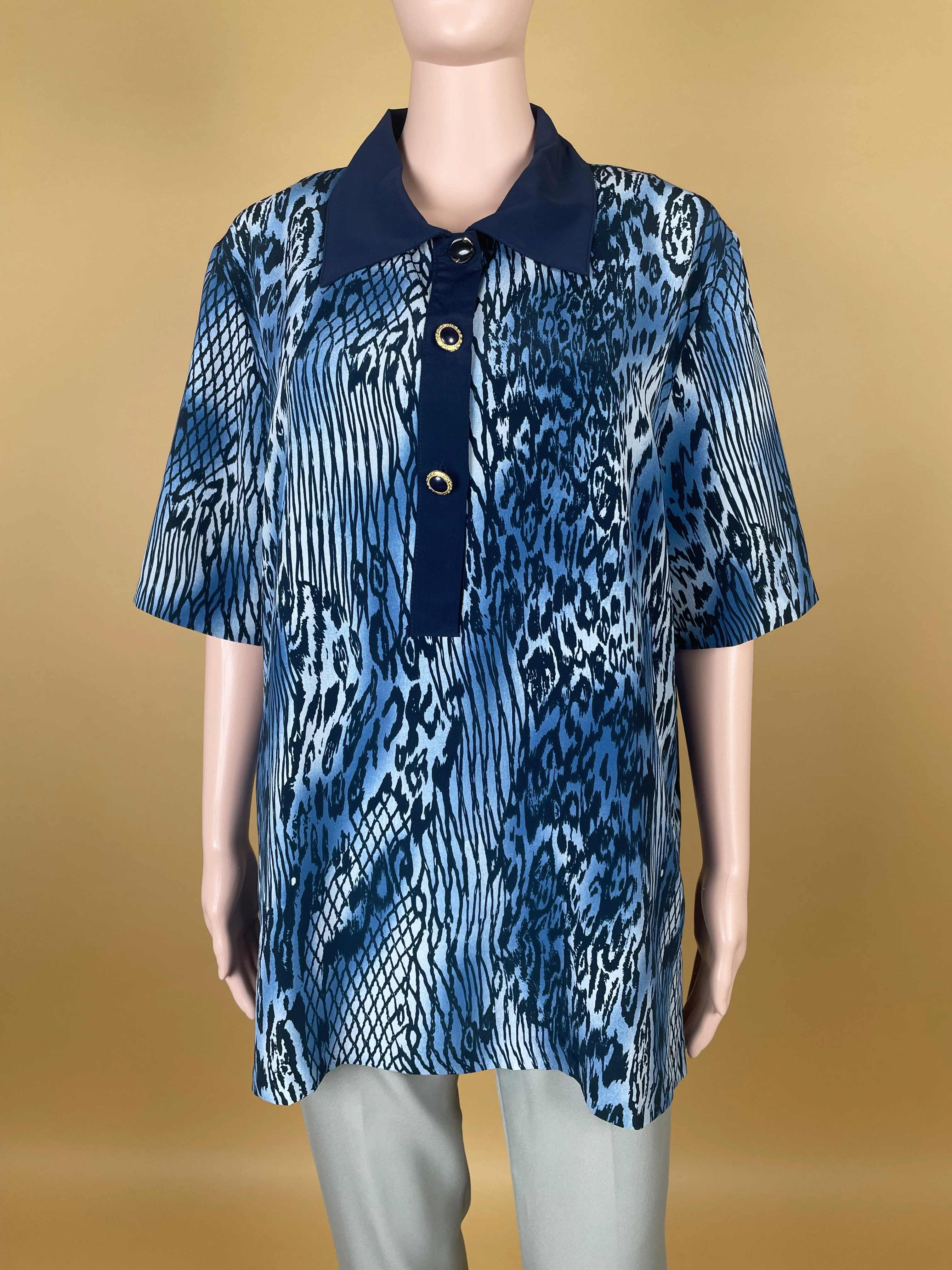 Elegant Blue Animal-Print Collared Shirt