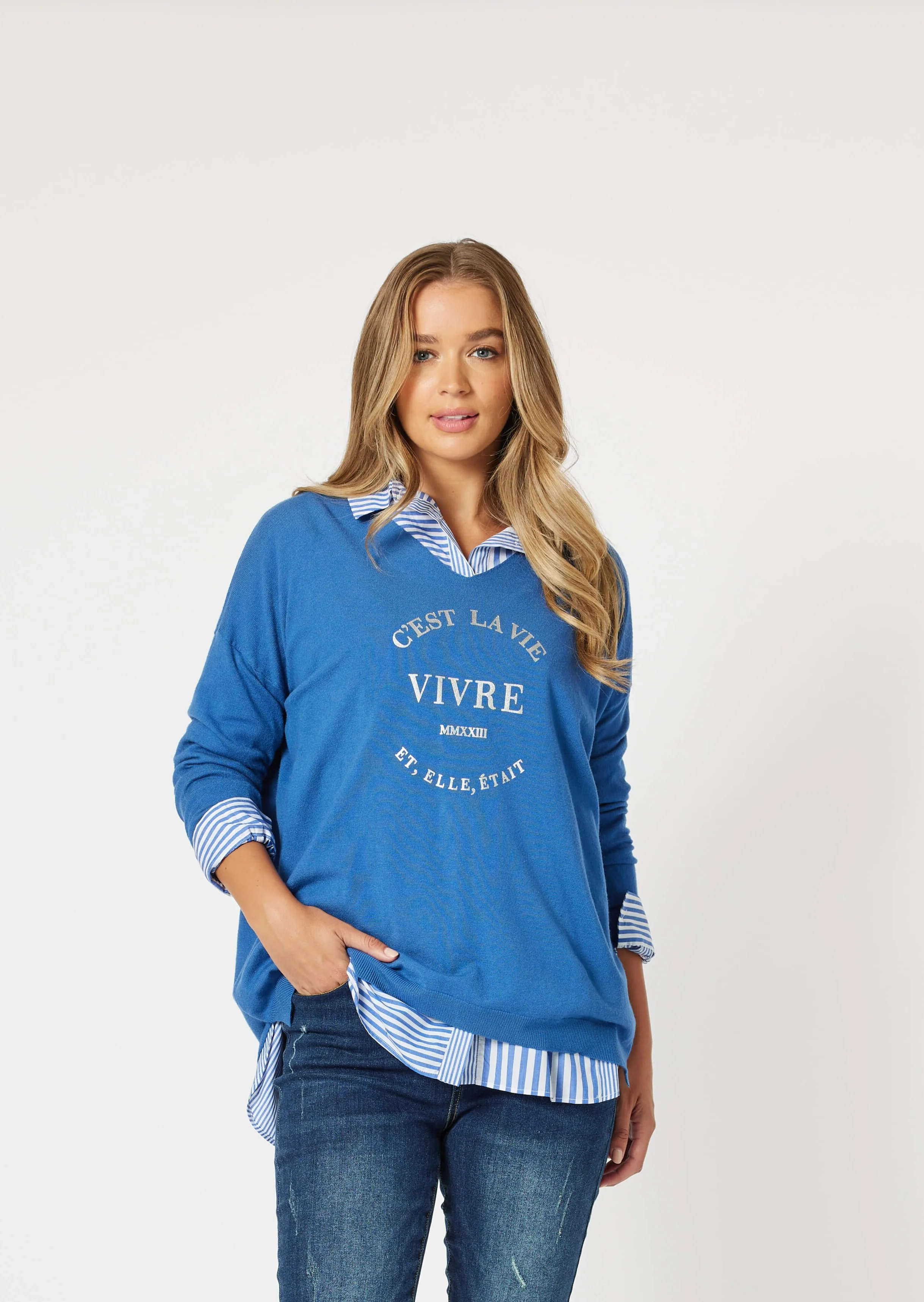 Stylish Blue Knit Pullover With Striped Collar Detail