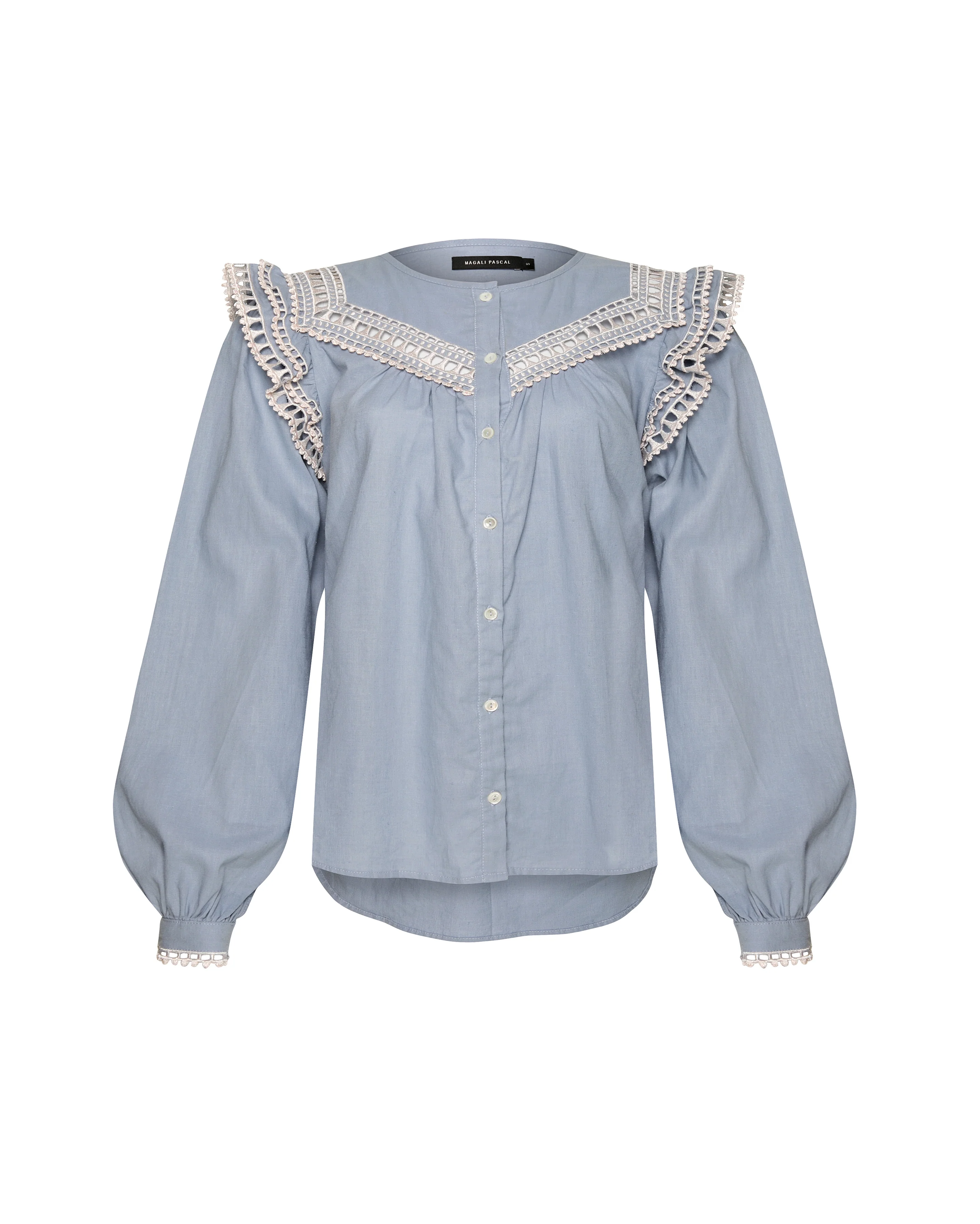 Elegant Lace-Trimmed Blue Blouse